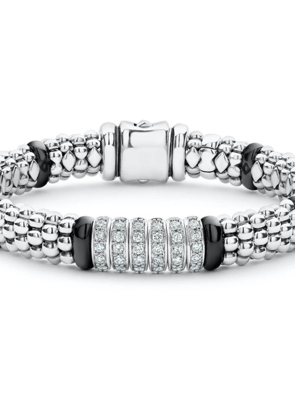 Lagos Silver Six Link Diamond Strands and Black Ceramic Caviar Bracelet